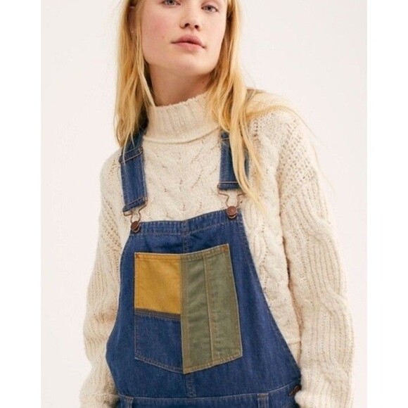 We the Free Free People Denim Overalls Womens Small Patched Carpenter Boho Retro - Picture 2 of 14